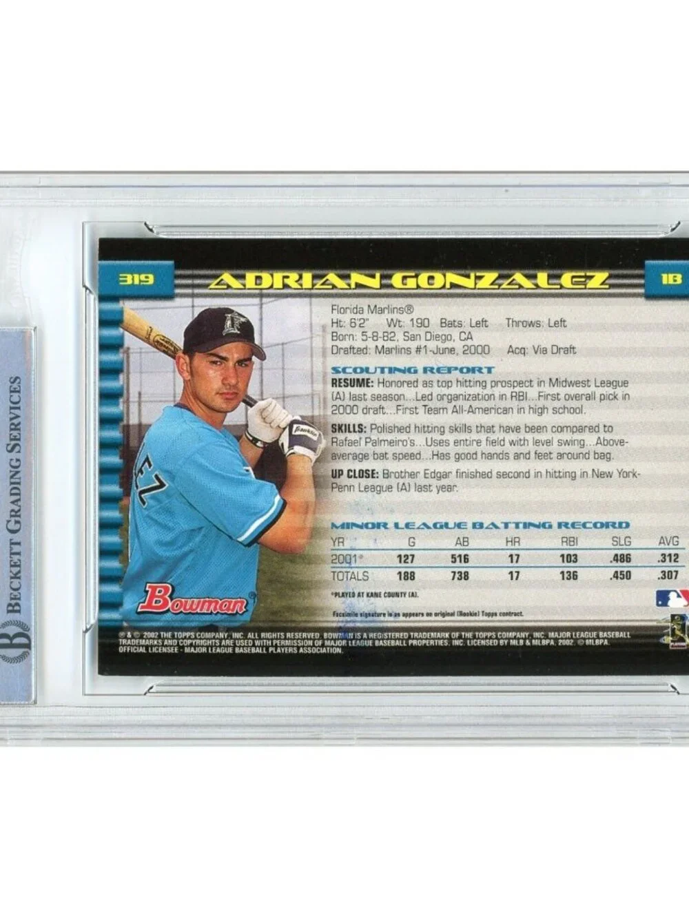 Adrian Gonzalez Signed 2002 Bowman #319 Florida Marlins Slabbed Auto Card